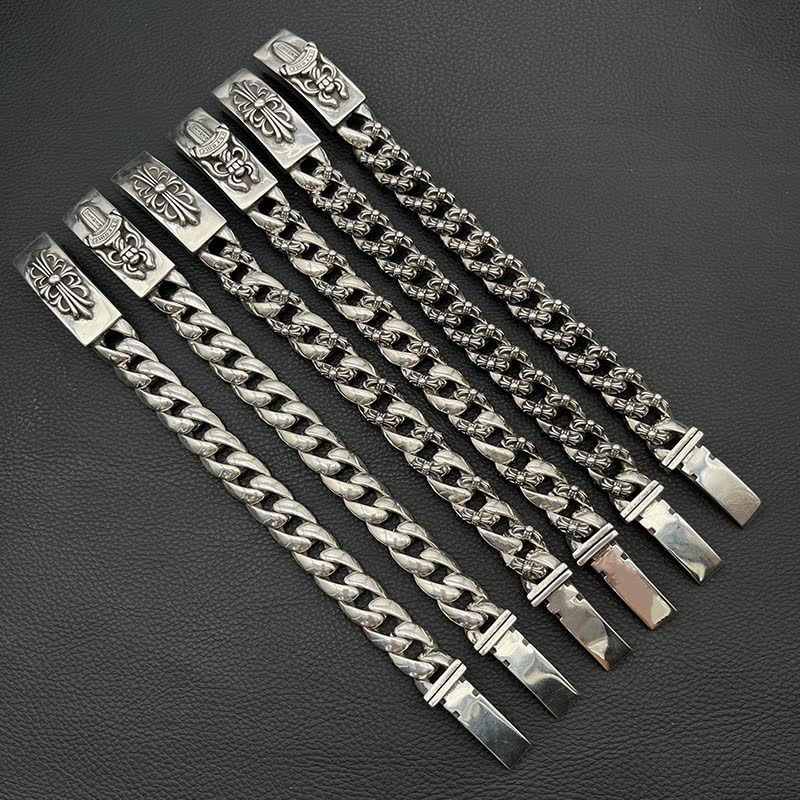 Chrome Hearts Silver Tone Chain Bracelets with Engraved Clasps